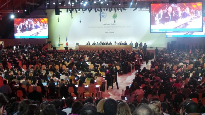 Imagen del plenario durante la aprobación del Acuerdo alcanzado el sábado en la Cumbre del Clima de París. MAGRAMA