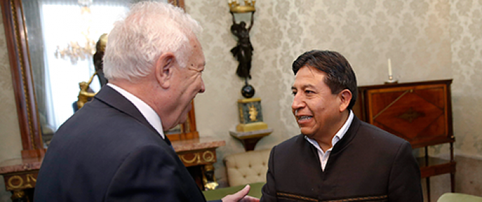 José Manuel García-Margallo junto a David Choquehuanca durante la reunión celebrada en el Palacio de Santa Cruz.