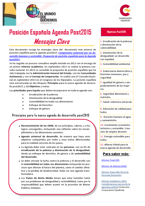 Posición Española Agenda Post2015 - Mensajes Clave
